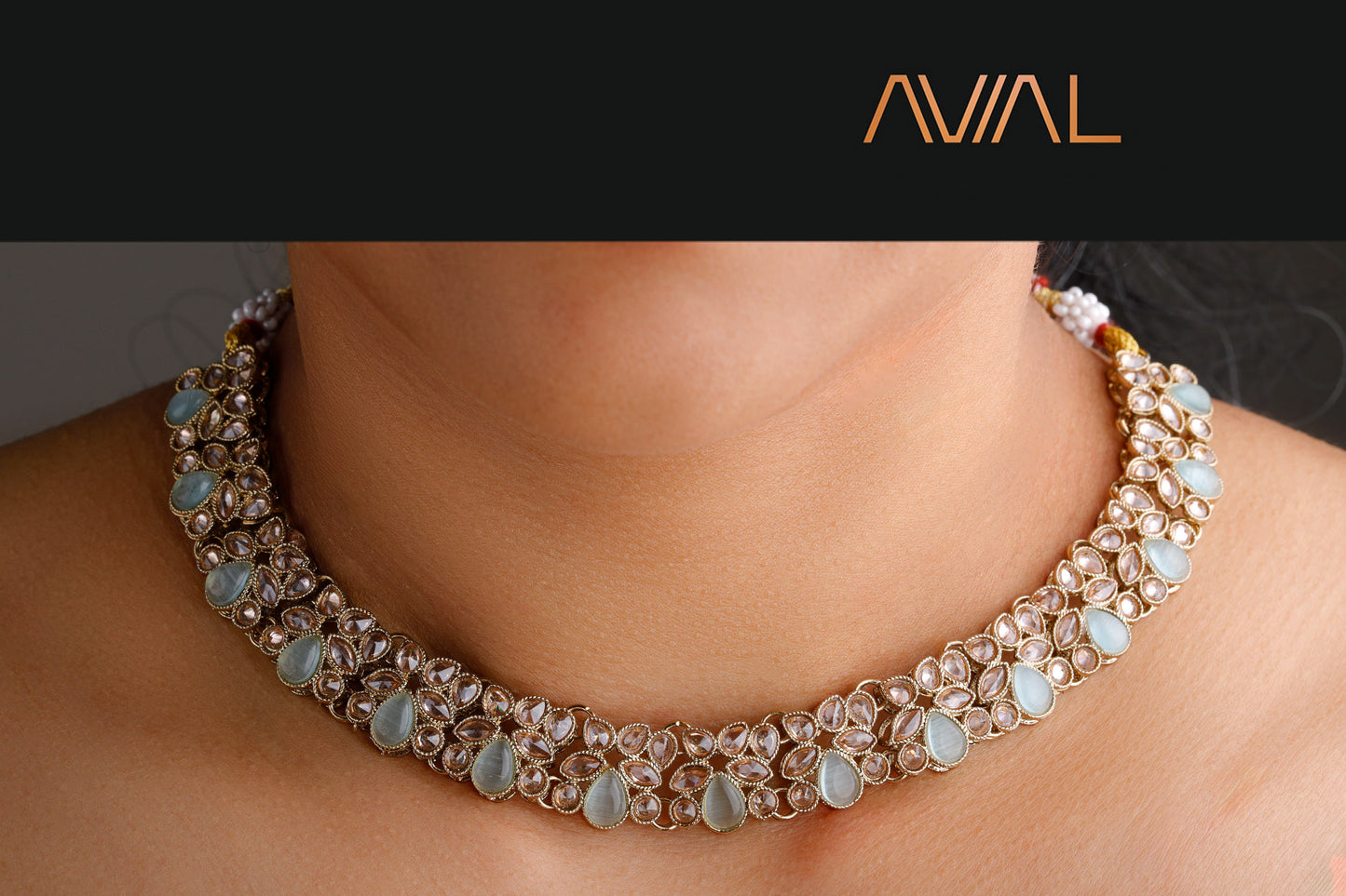 Choker necklace with Polki stones and pastel detailing in mint green and baby pink – traditional Indian jewellery UK