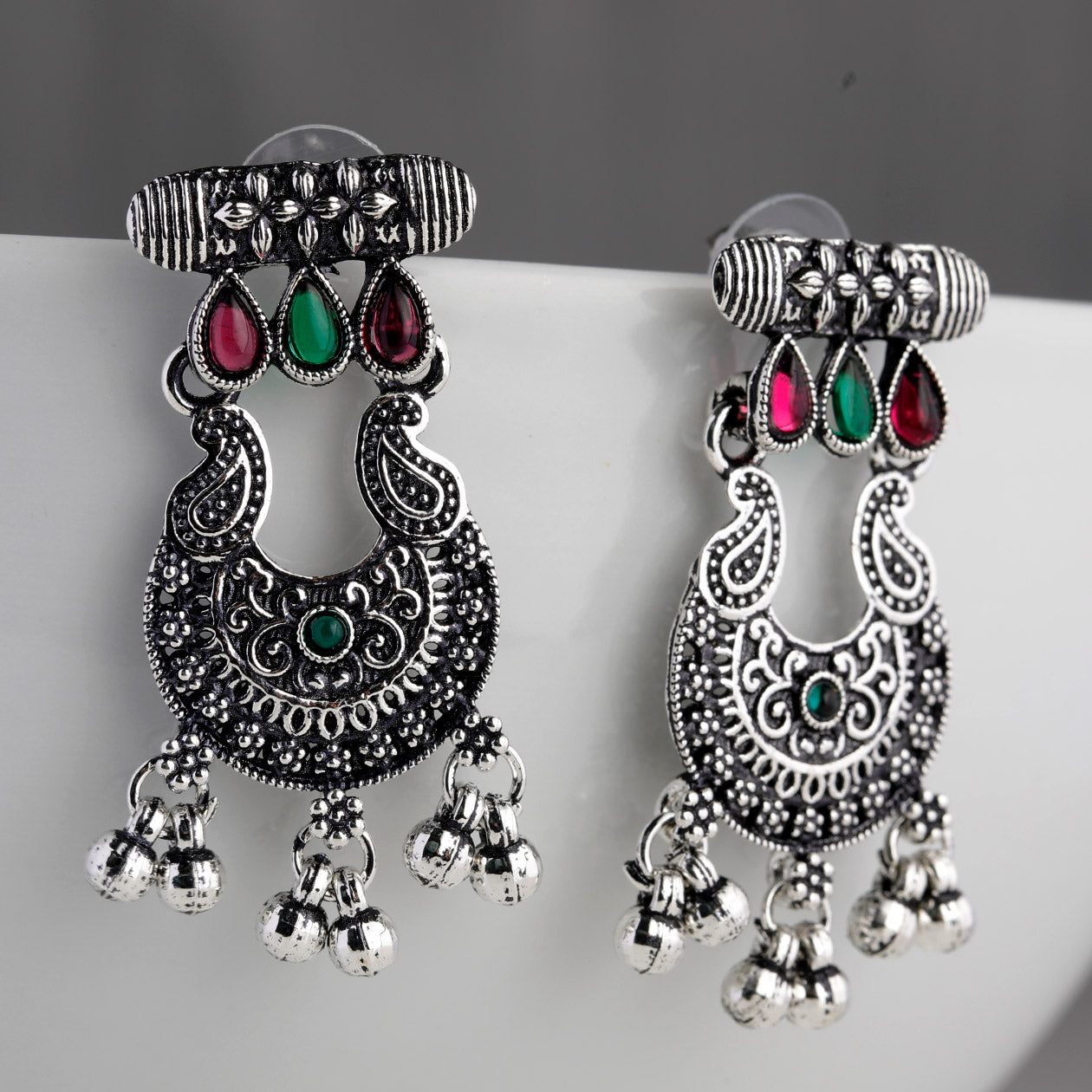 Desi Dusk- Fusion of modern sophistication and timeless charm oxidised look earrings magenta and green