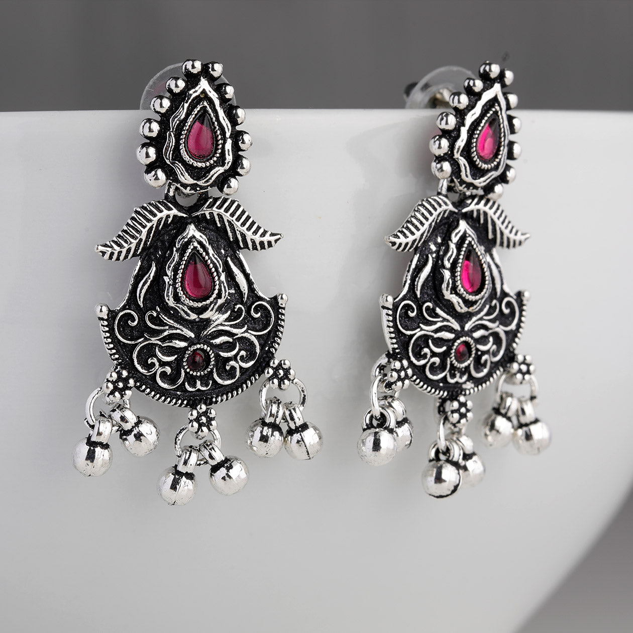 Desi Dusk- Fusion of modern sophistication and timeless charm oxidised look earrings magenta