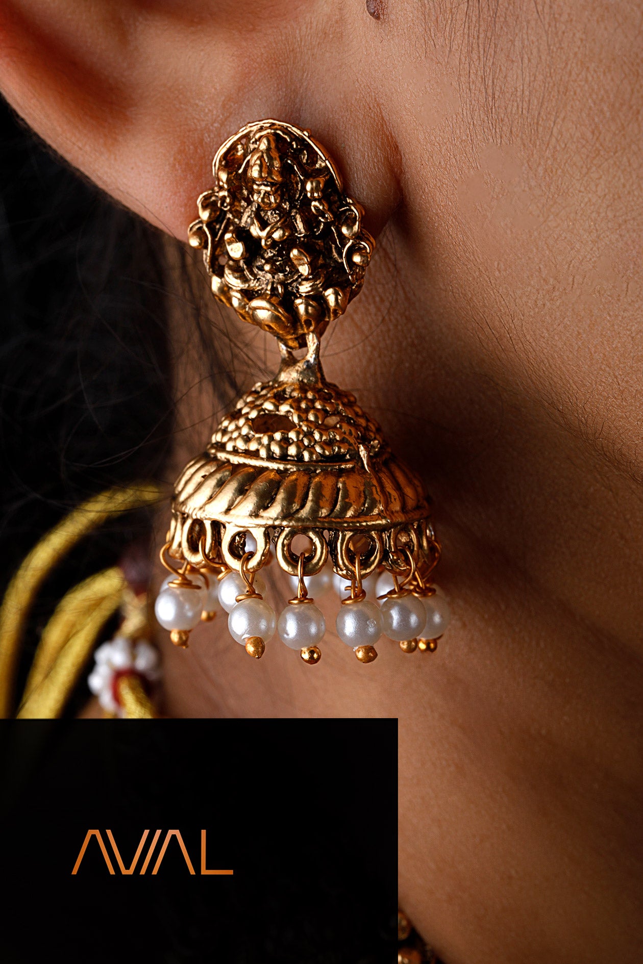 Goddess Lakshmi maang tikka in antique gold with pearl drops – traditional Indian bridal headpiece