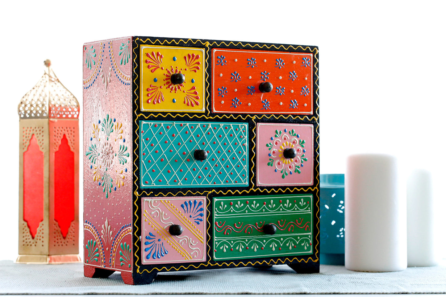 Handmade Wood Jewellery Box - Hand Painted with Vegetable Paint 6 drawer
