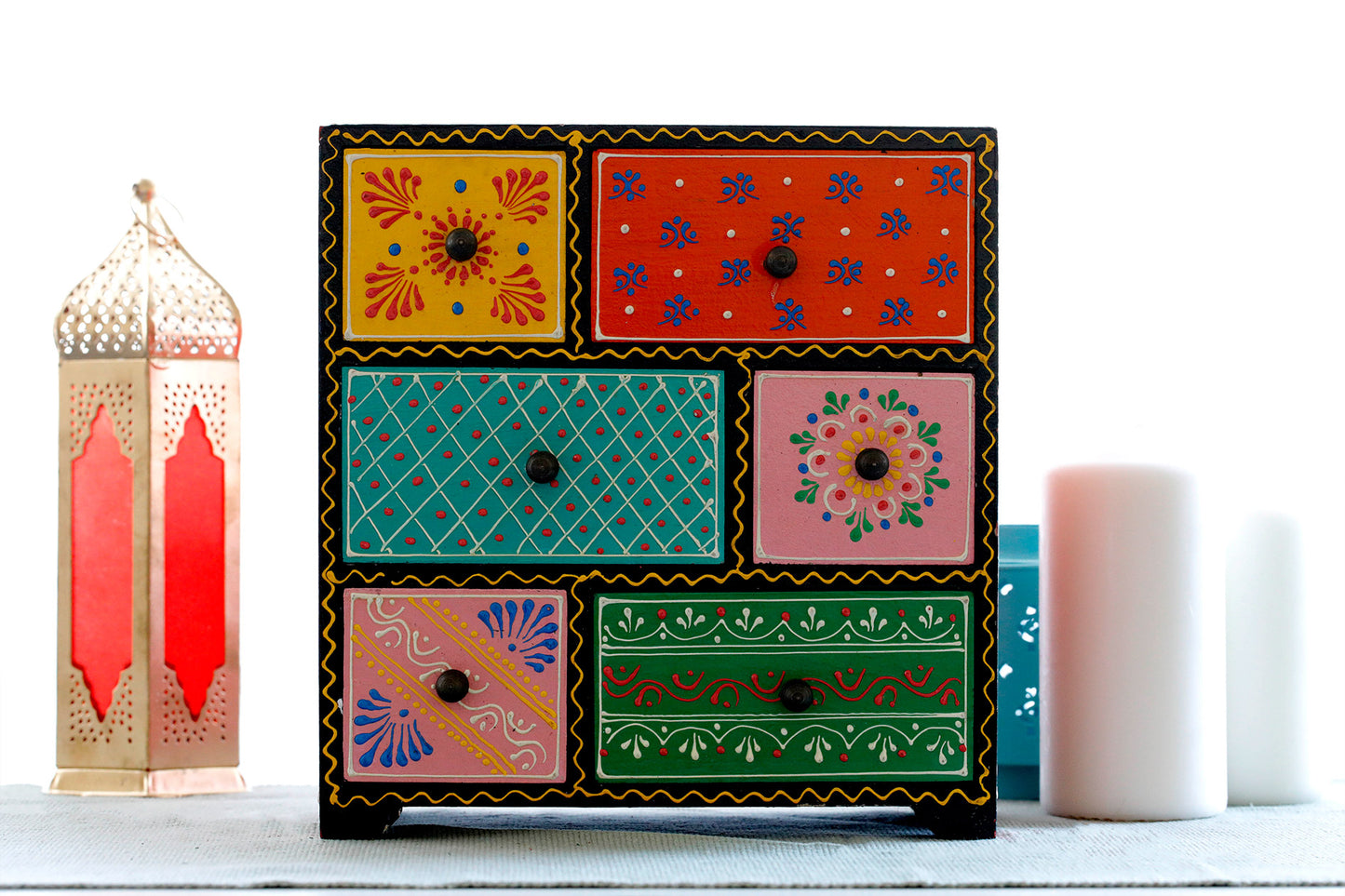 Handmade Wood Jewellery Box - Hand Painted with Vegetable Paint 6 drawer