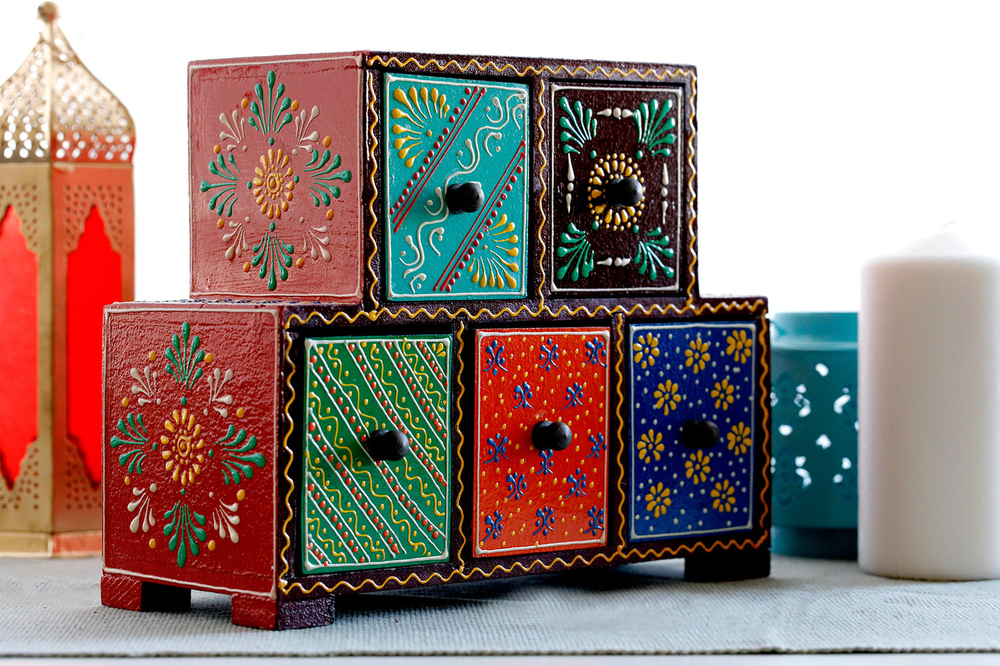 Handmade Wood Jewellery Box - Hand Painted with Vegetable Paint 5 drawer