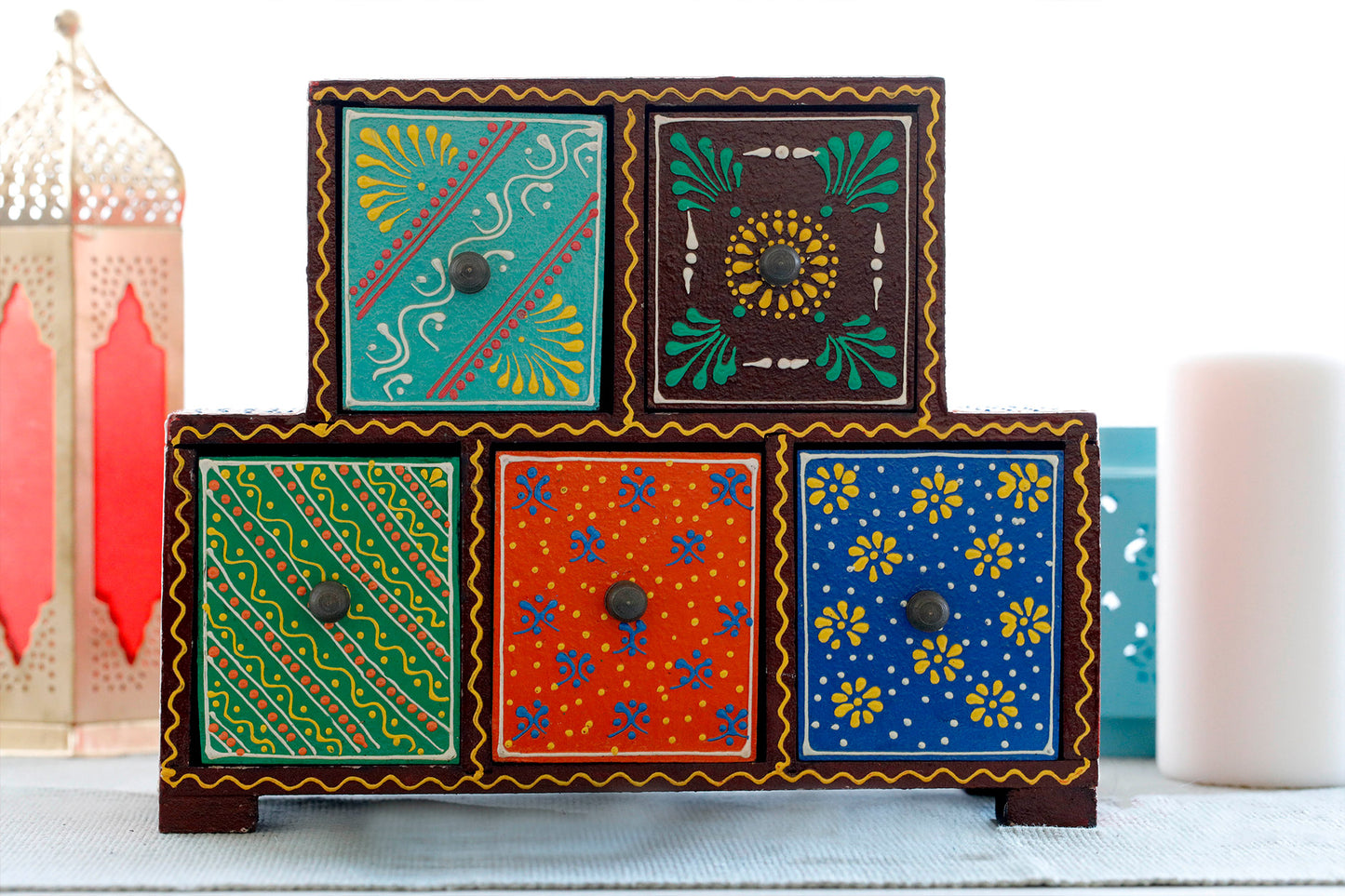 Handmade Wood Jewellery Box - Hand Painted with Vegetable Paint 5 drawer