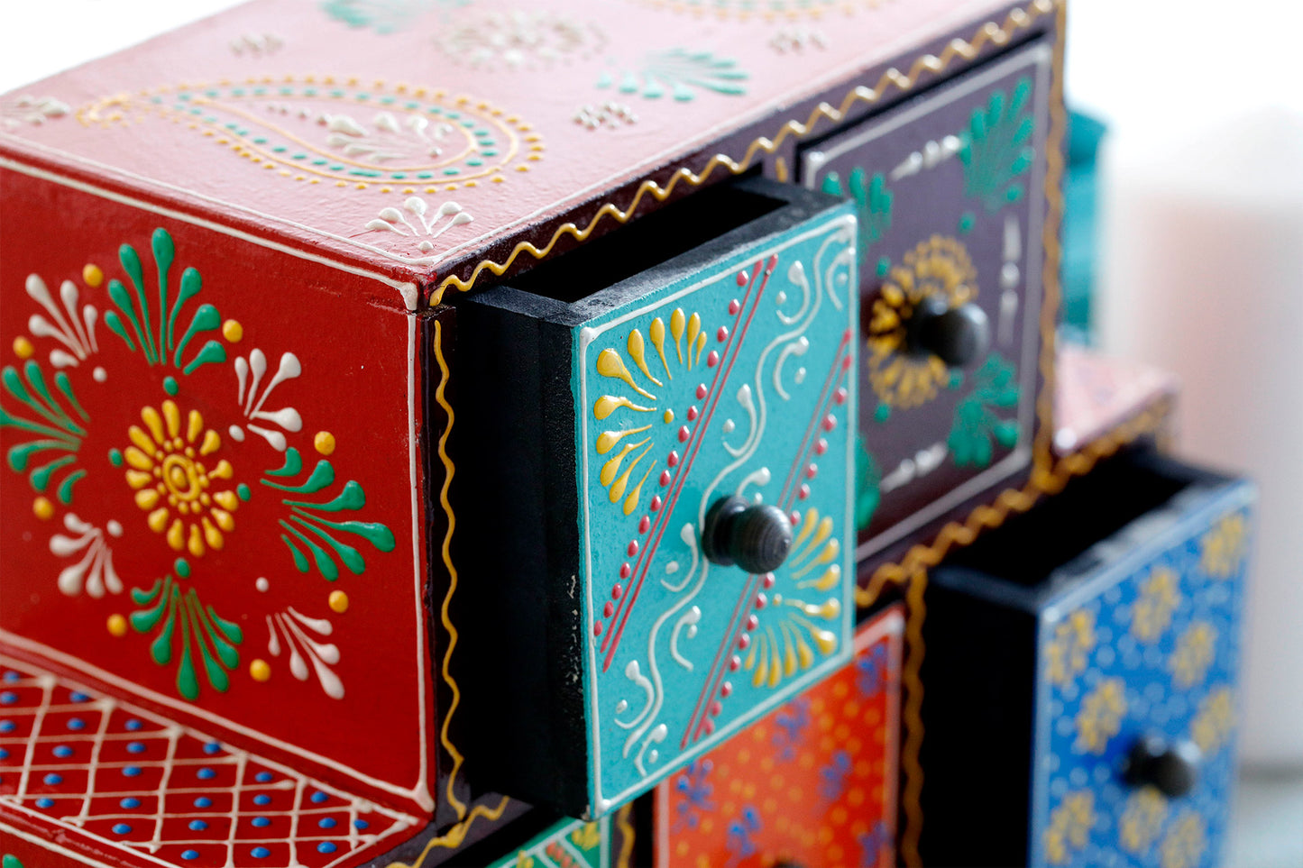 Handmade Wood Jewellery Box - Hand Painted with Vegetable Paint 5 drawer