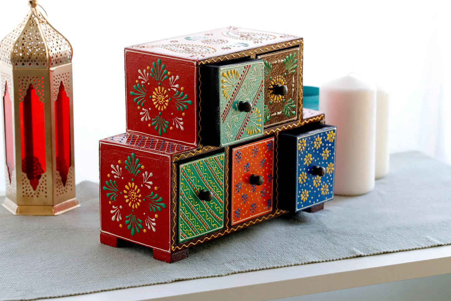 Handmade Wood Jewellery Box - Hand Painted with Vegetable Paint 5 drawer