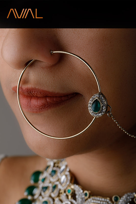 Traditional Indian bridal jewelry with jhumka earrings and nose ring chain