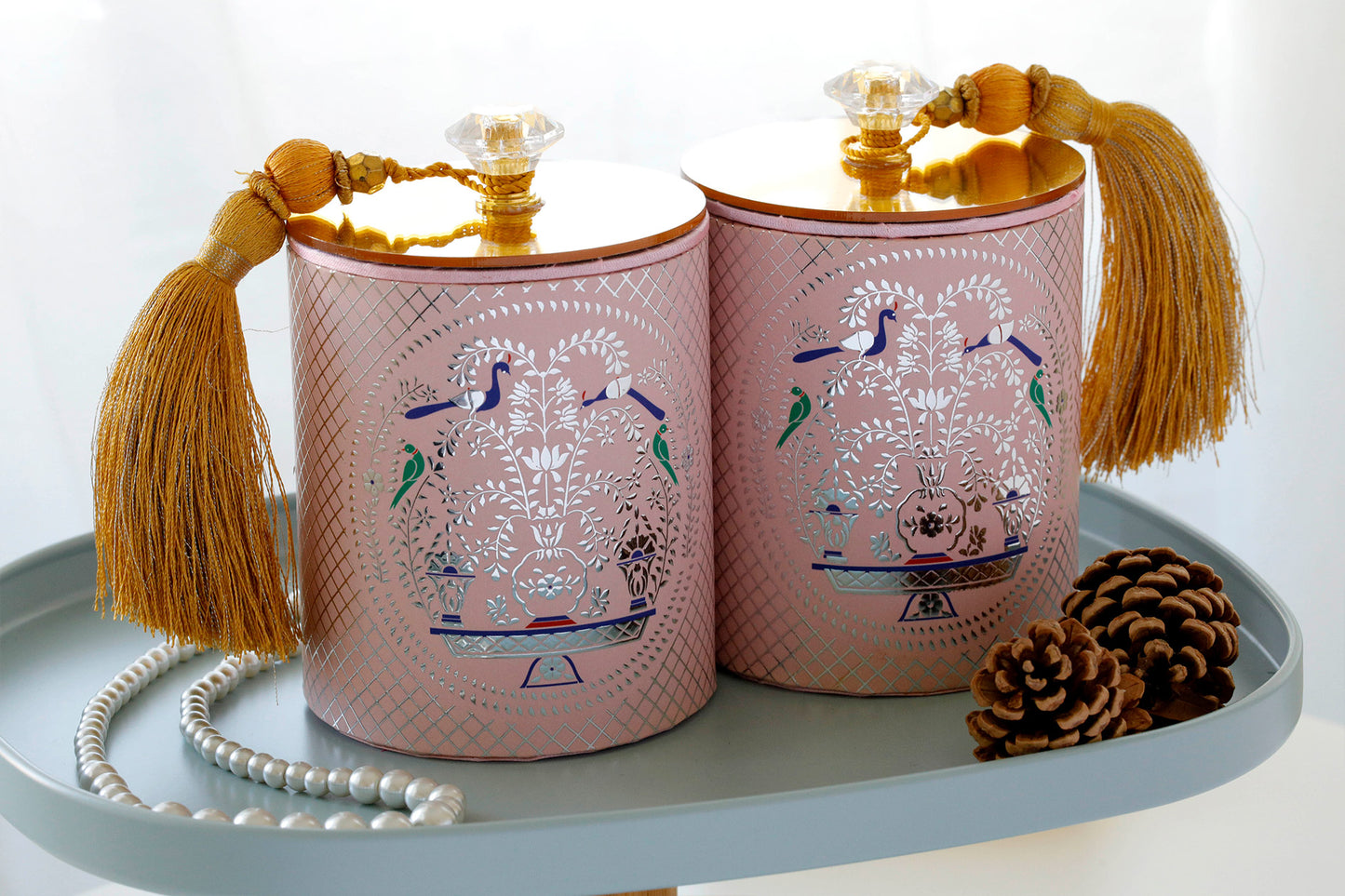 Peacock Tray with 2 Jars Pink