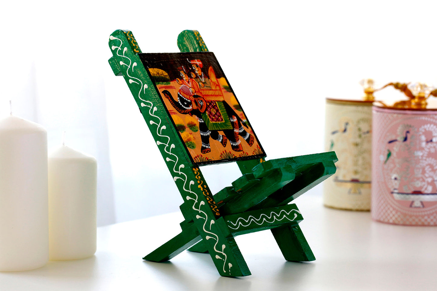 Rajasthani Art Work Handcrafted Wooden Folding Small Chair Mobile Stand Green