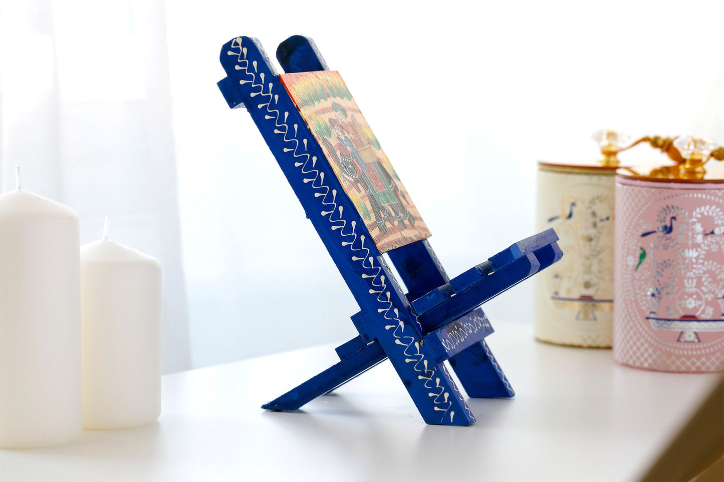 Rajasthani Art Work Handcrafted Wooden Folding Small Chair Mobile Stand Blue