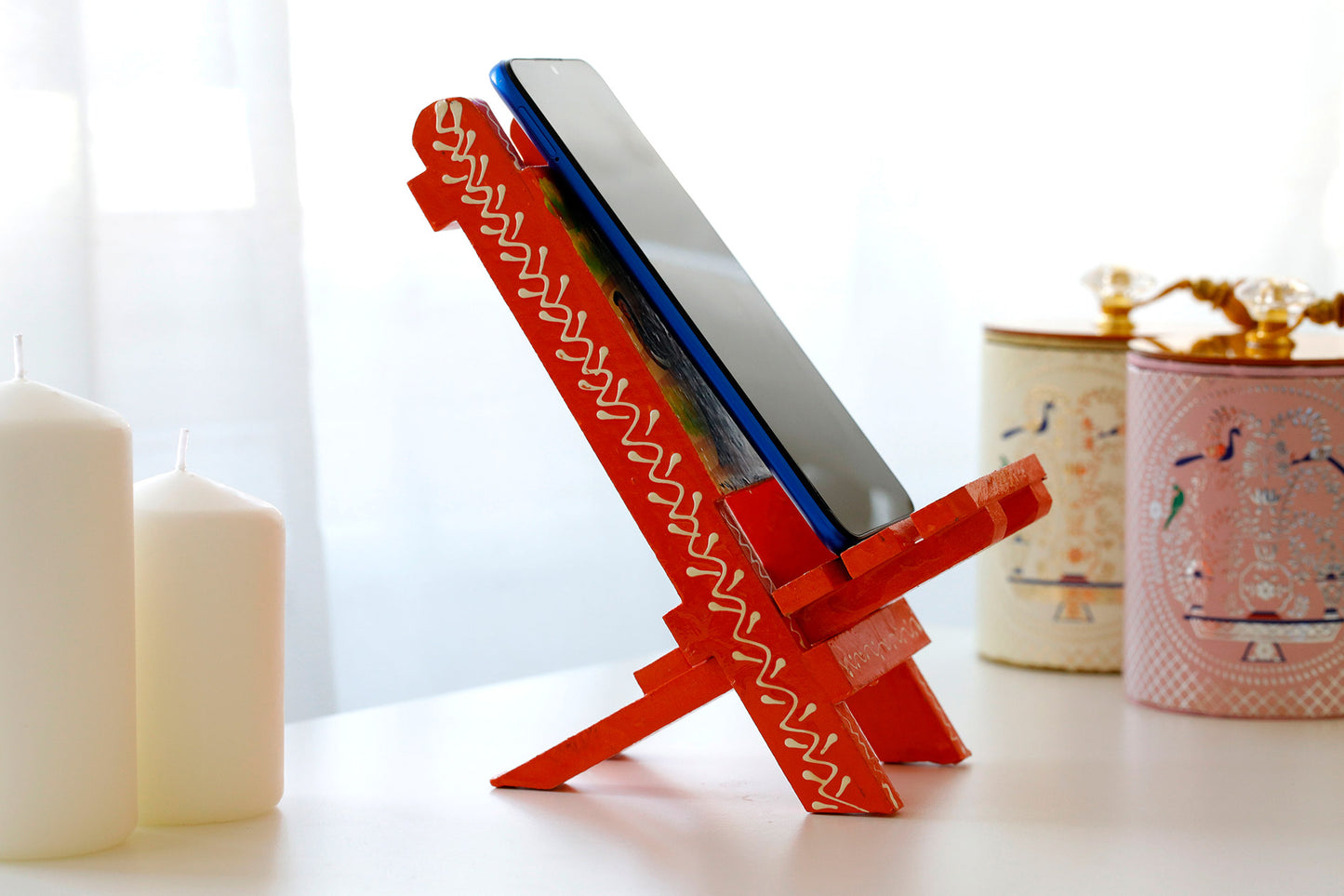 Rajasthani Art Work Handcrafted Wooden Folding Small Chair Mobile Stand Red