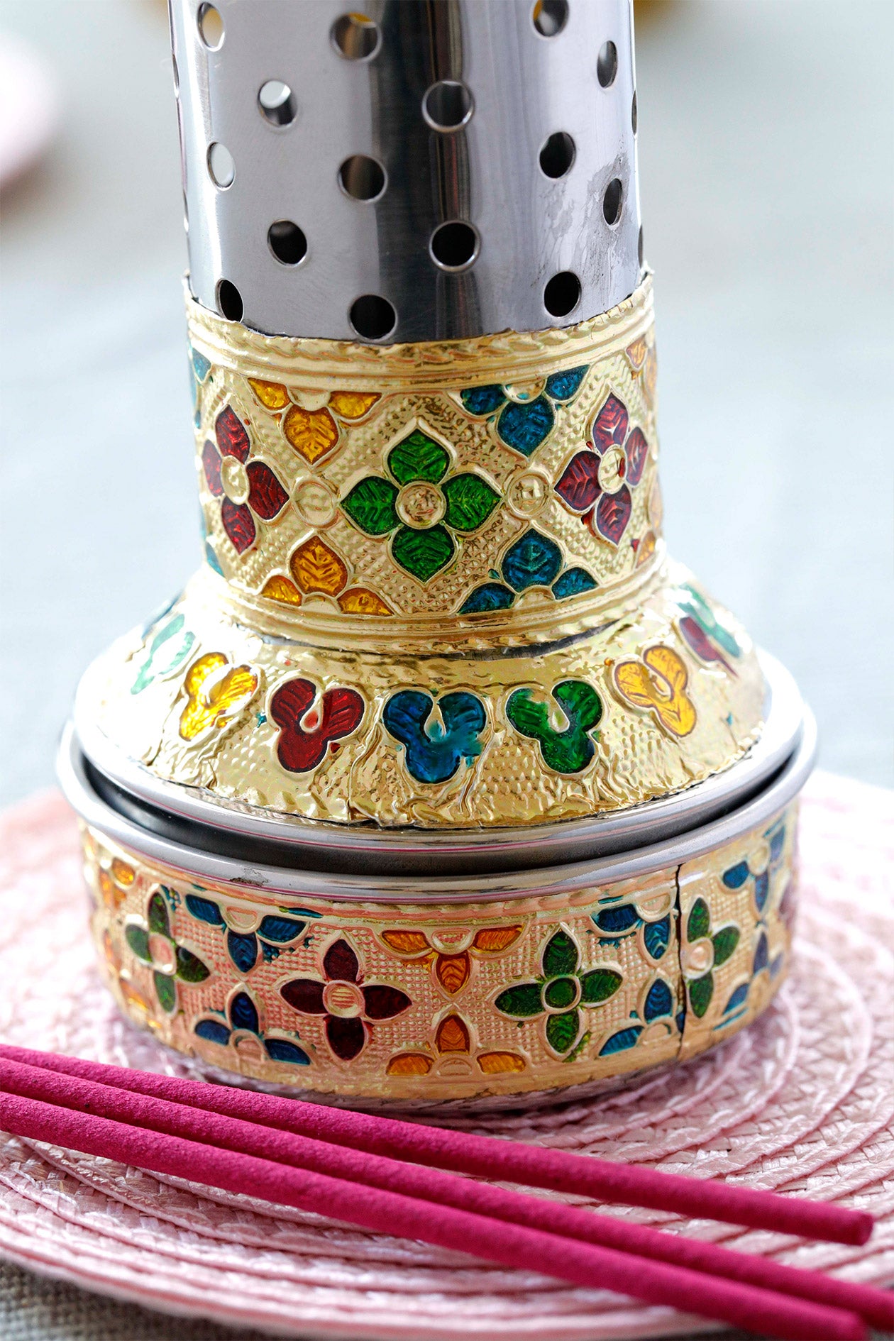 Steel Incense Stick Holder with Ash Catcher Sliver & Gold
