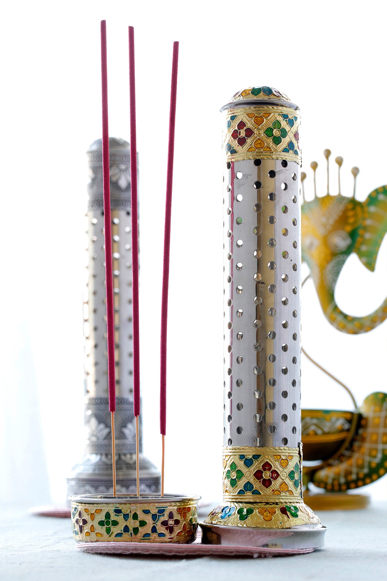 Steel Incense Stick Holder with Ash Catcher Sliver & Gold