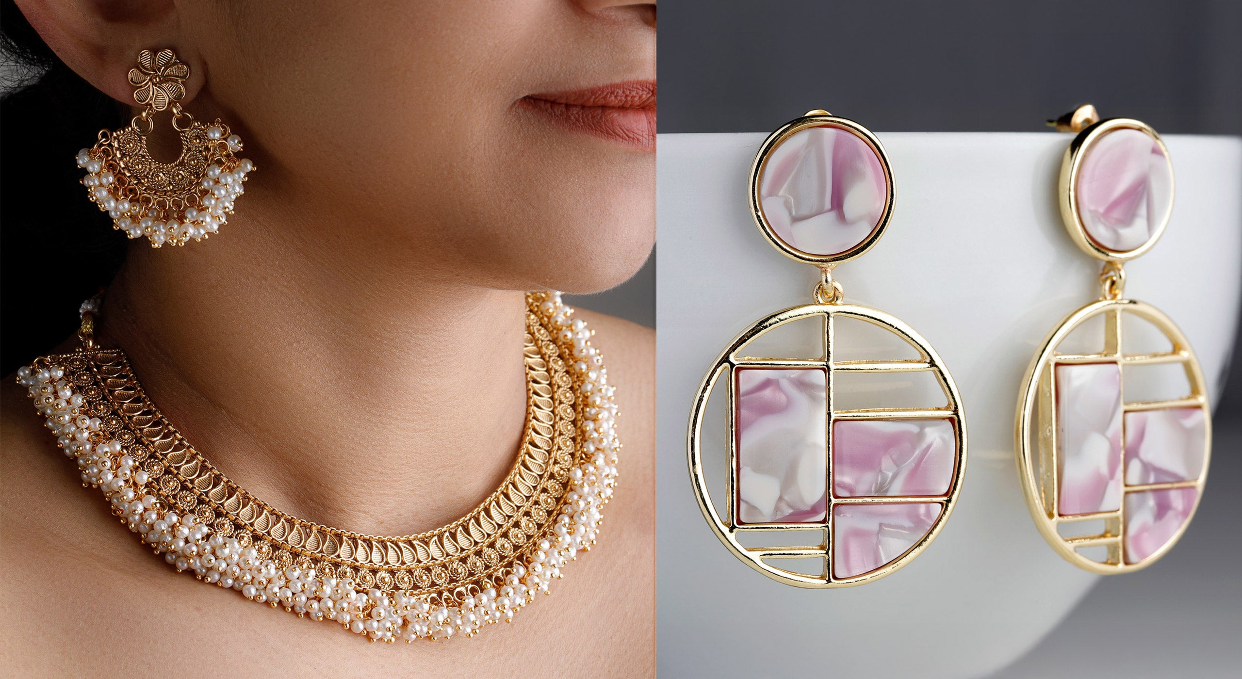 gold necklace and earring with beads in a model