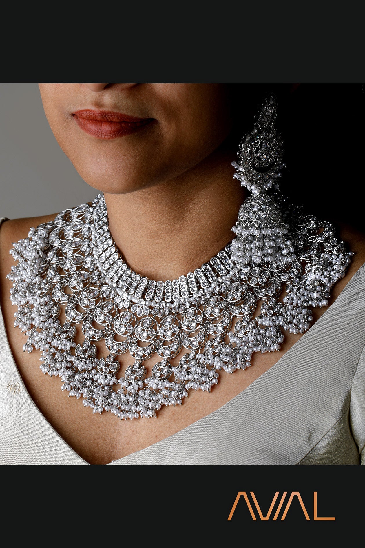 Indian Bridal Jewelry Set | Silver-Plated Pearl Necklace, Earrings, Maang Tikka & Nath | Asian Wedding Jewellery UK