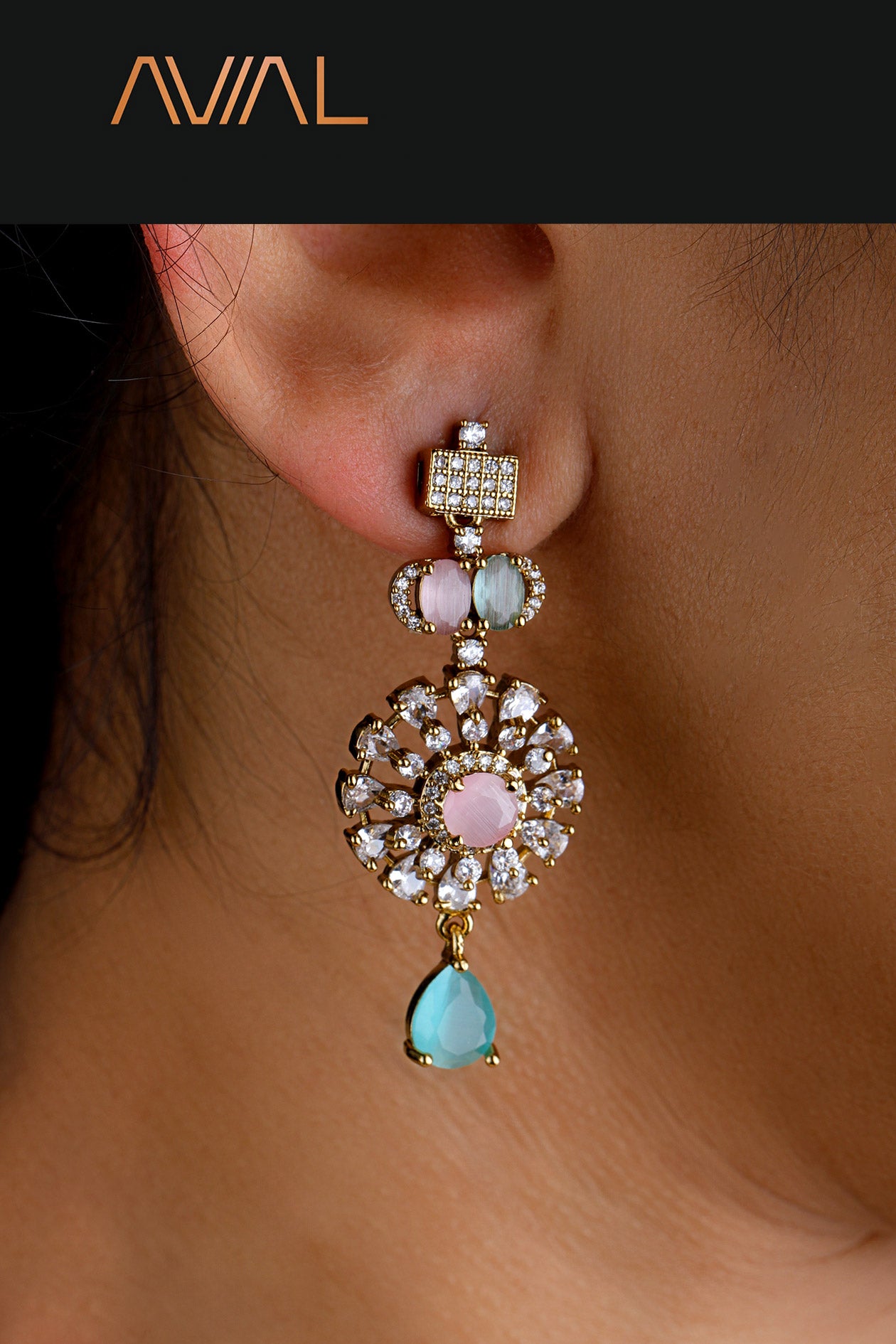 American diamond earrings in mint green and baby pink with golden finish – party and engagement wear