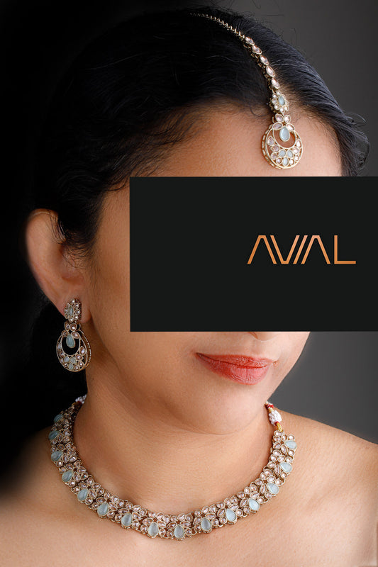 Pastel mint green and baby pink Polki choker set with earrings and maang tikka in antique gold – Indian bridal jewellery UK
