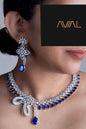 Model wearing royal blue American diamond necklace set with matching drop earrings in silver finish – Avial Stores UK