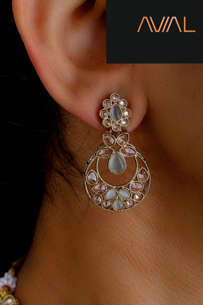 Antique gold earrings with Polki diamonds and pastel stones – ideal for UK Indian weddings and occasions