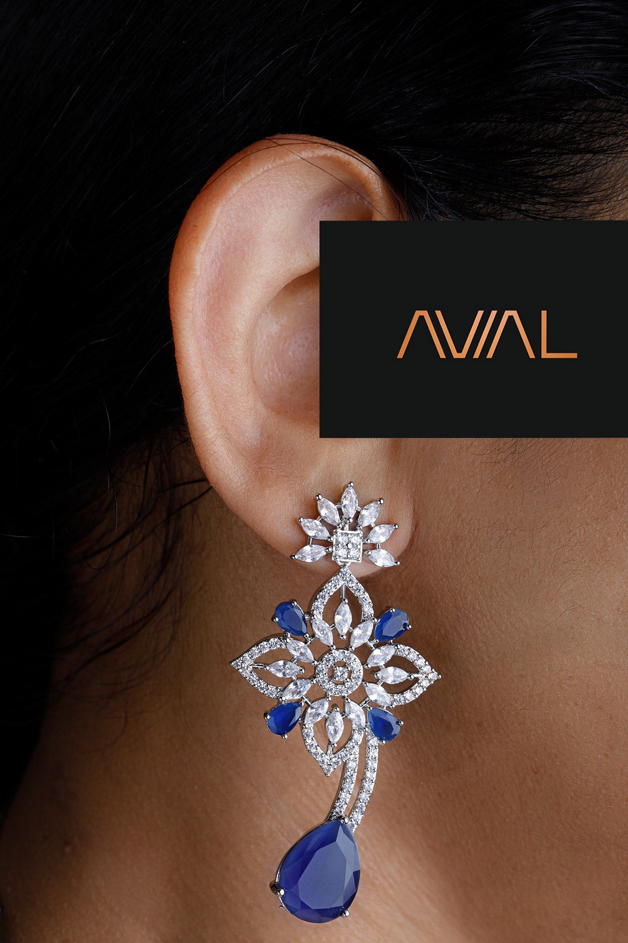 Drop earrings with blue stones and diamond detailing – bridal jewellery UK by Avial Stores