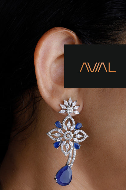 Drop earrings with blue stones and diamond detailing – bridal jewellery UK by Avial Stores