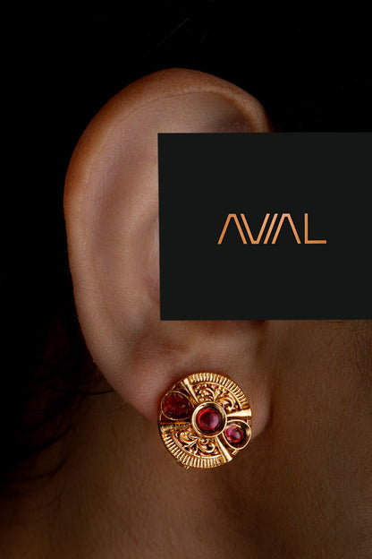 Traditional gold-tone stud earrings with red stones in circular design – South Indian heritage jewellery UK