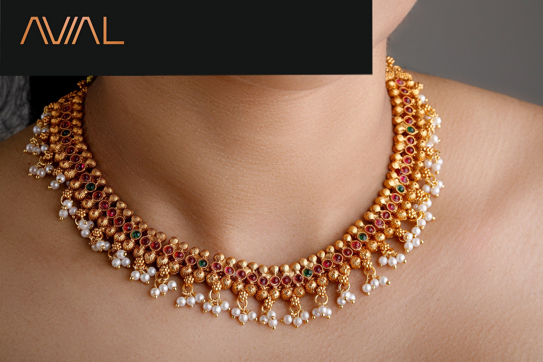 Gold-Plated Bridal Necklace with Ruby and Emerald American Diamonds – Indian Wedding Jewelry Set with beads