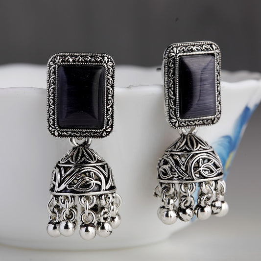 New Indian Pakistani Bollywood Gold Dangle Jhumka Earrings Jhumki Jewellery black stone