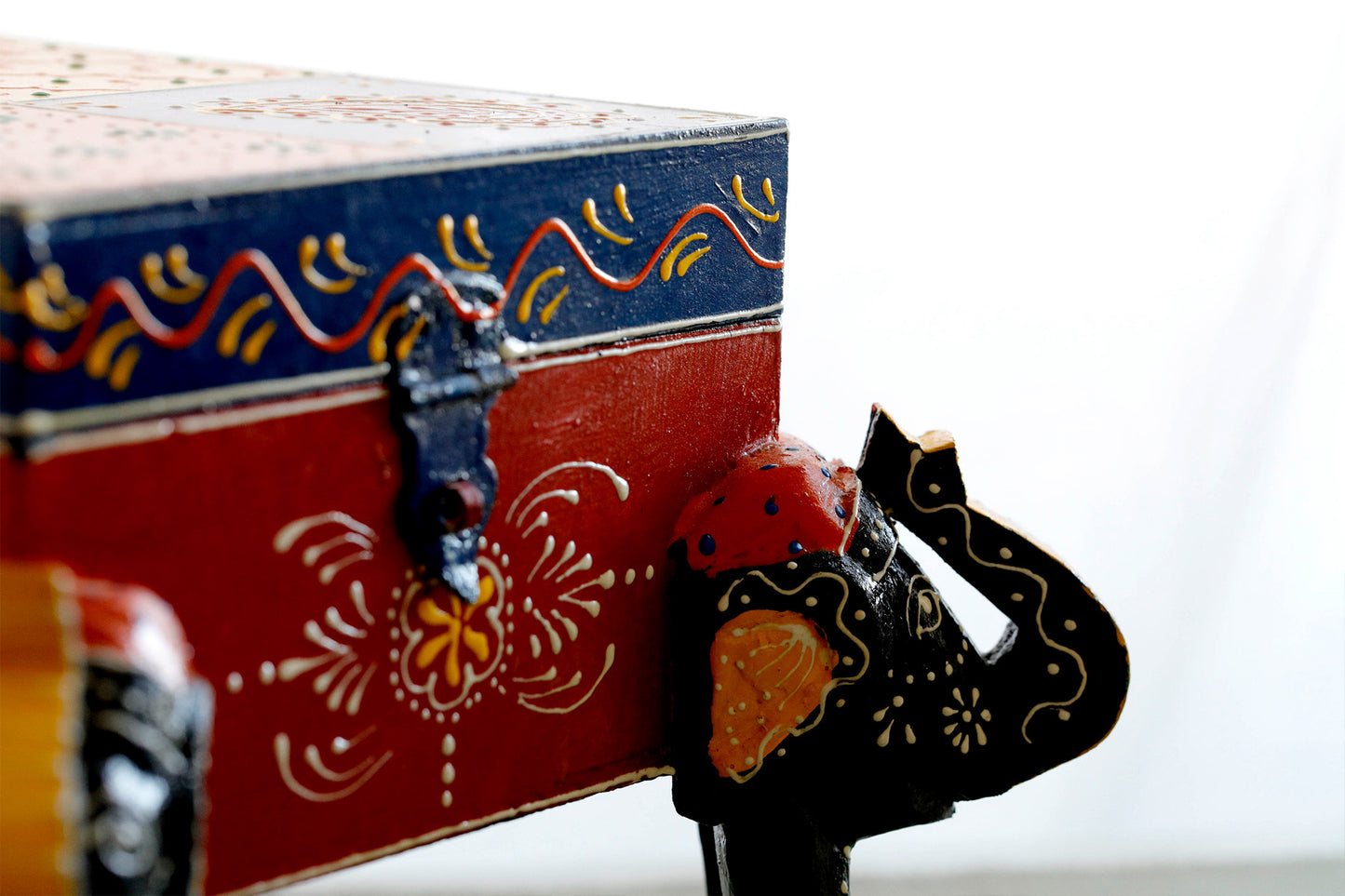 4 Elephant Handmade Teak Wood Jewellery Box - Hand Painted with Vegetable Paint