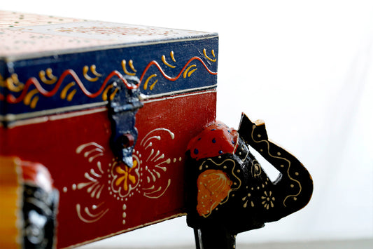 4 Elephant Handmade Teak Wood Jewellery Box - Hand Painted with Vegetable Paint