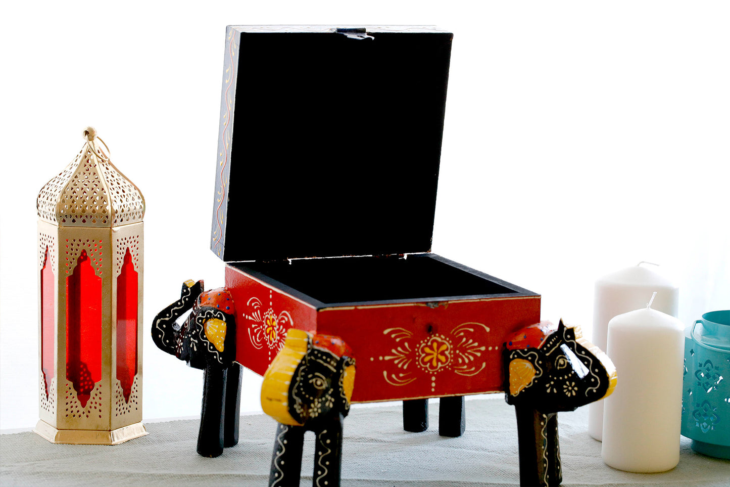 4 Elephant Handmade Teak Wood Jewellery Box - Hand Painted with Vegetable Paint
