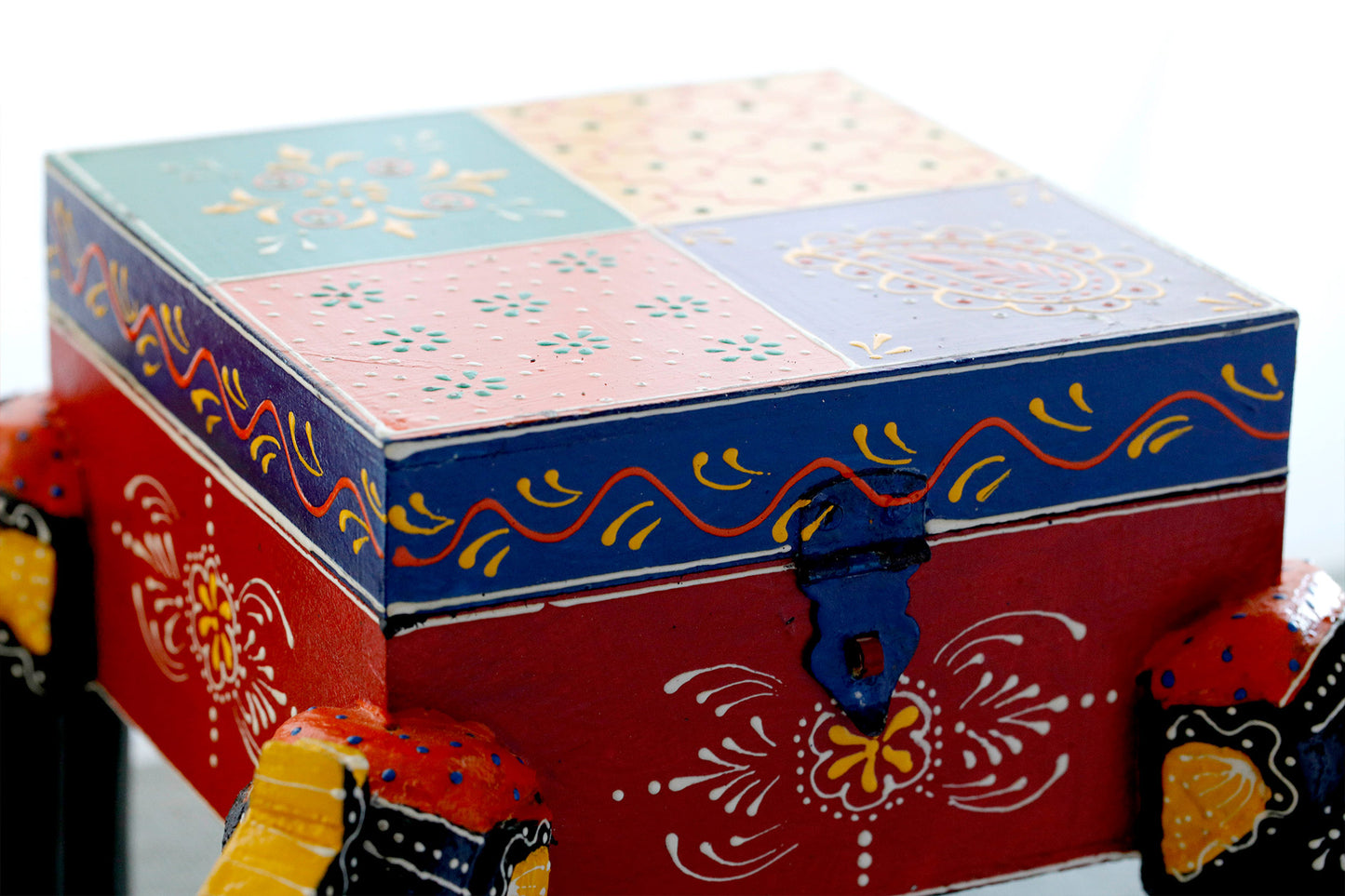 4 Elephant Handmade Teak Wood Jewellery Box - Hand Painted with Vegetable Paint