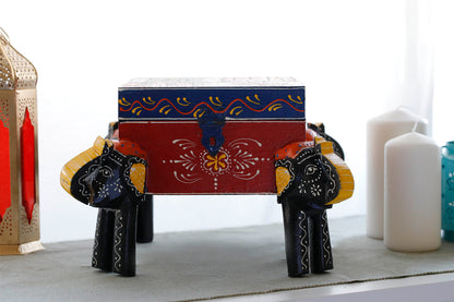 4 Elephant Handmade Teak Wood Jewellery Box - Hand Painted with Vegetable Paint