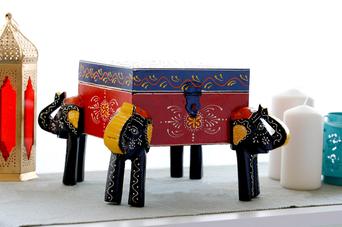 4 Elephant Handmade Teak Wood Jewellery Box - Hand Painted with Vegetable Paint
