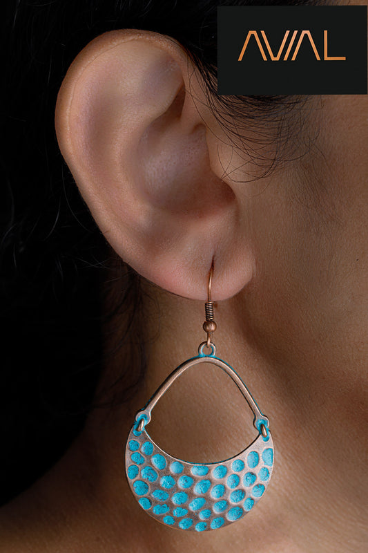 Half Moon Copper Earrings with Turquoise Bead – Boho Handmade Dangle Jewelry
