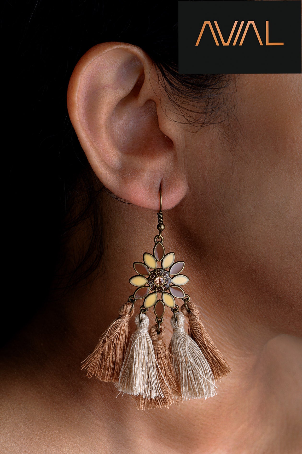Bronze look boho earrings with retro stereoscopic ethnic carving, flower centre and tassels – UK handmade jewellery