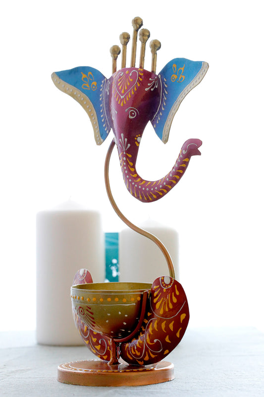 God Ganesha with Diya & Tea Light Holder Blue & Red