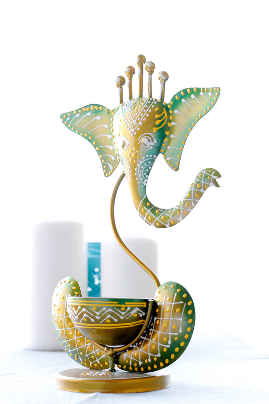 God Ganesha with Diya & Tea Light Holder Green