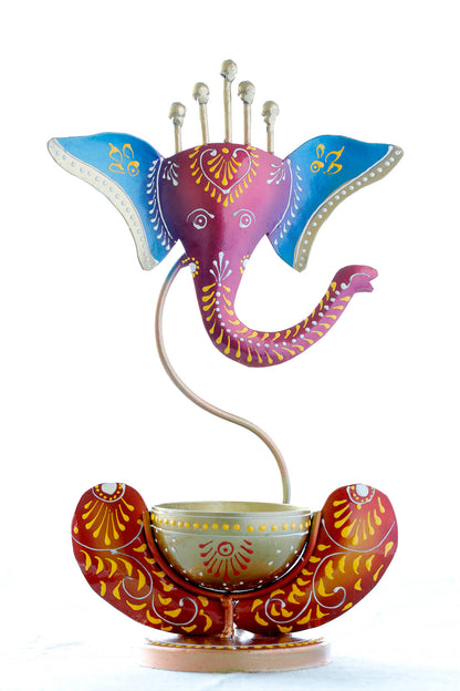 God Ganesha with Diya & Tea Light Holder Blue & Red
