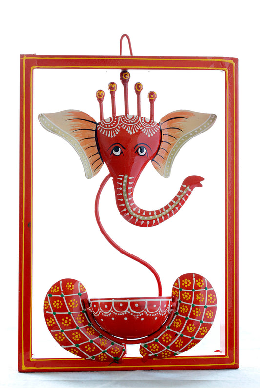 God Ganesha with Diya & Tea Light Holder with frame Red