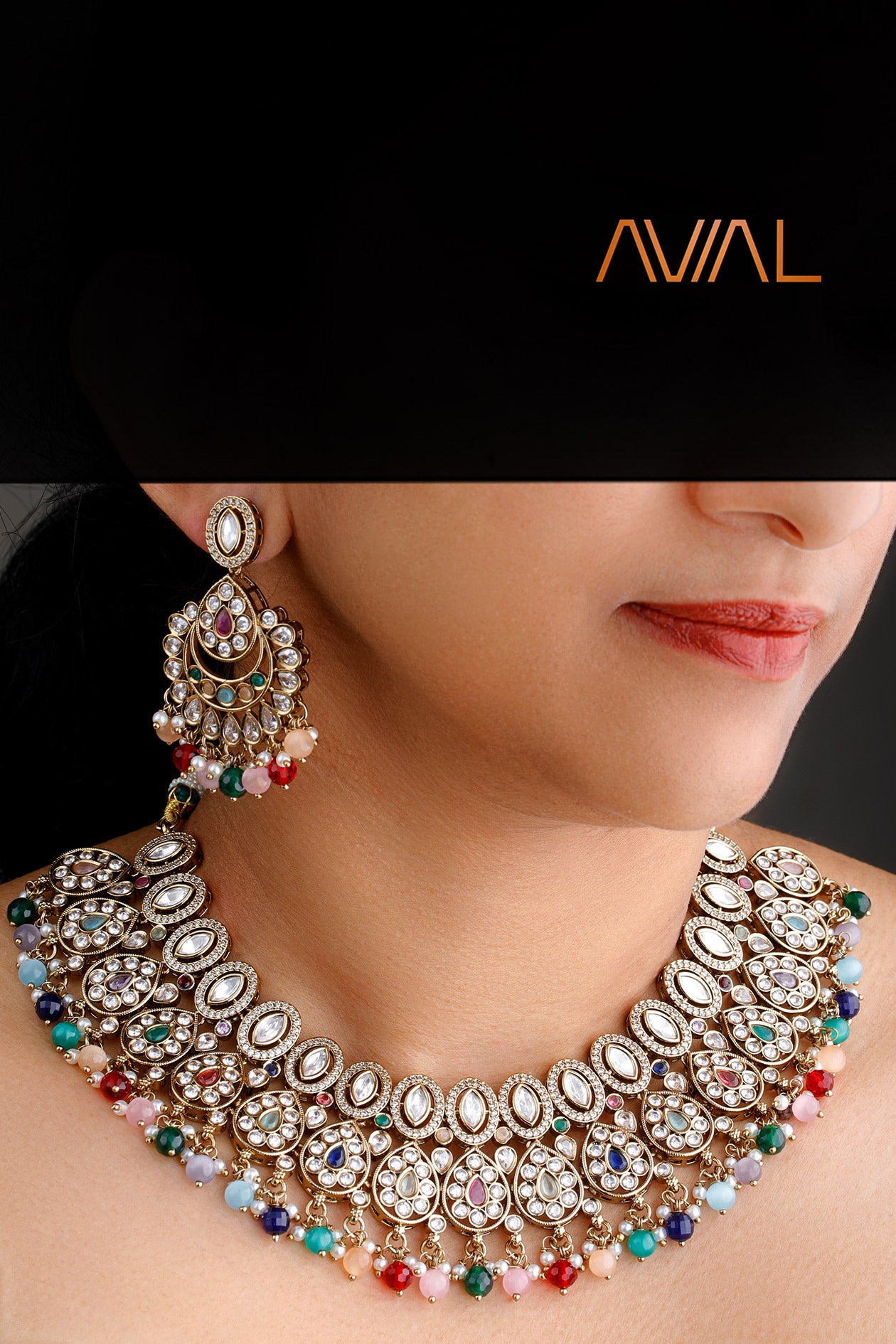 Model wearing antique gold choker necklace with matching earrings and maang tikka – AVIAL multicolour Kundan bridal set