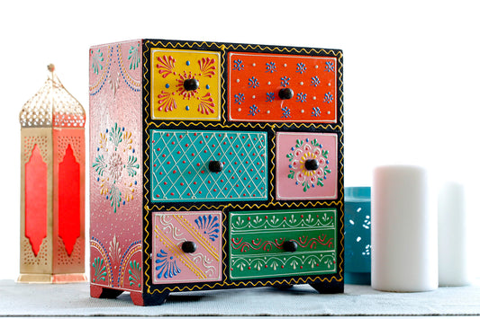 Handmade Wood Jewellery Box - Hand Painted with Vegetable Paint 6 drawer