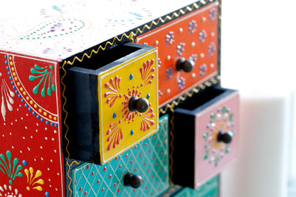 Handmade Wood Jewellery Box - Hand Painted with Vegetable Paint 6 drawer