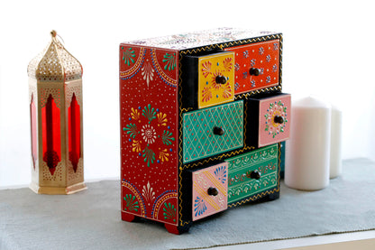 Handmade Wood Jewellery Box - Hand Painted with Vegetable Paint 6 drawer