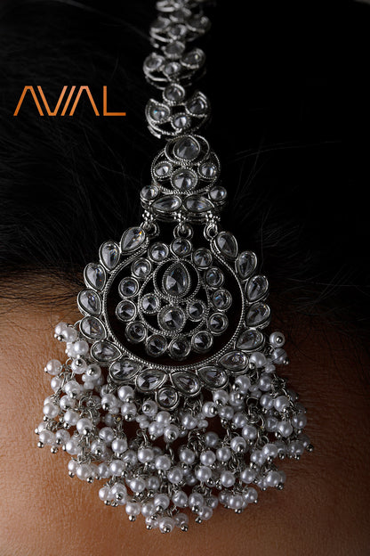 Indian Bridal Jewelry Set | Silver-Plated Pearl Necklace, Earrings, Maang Tikka & Nath | Asian Wedding Jewellery UK