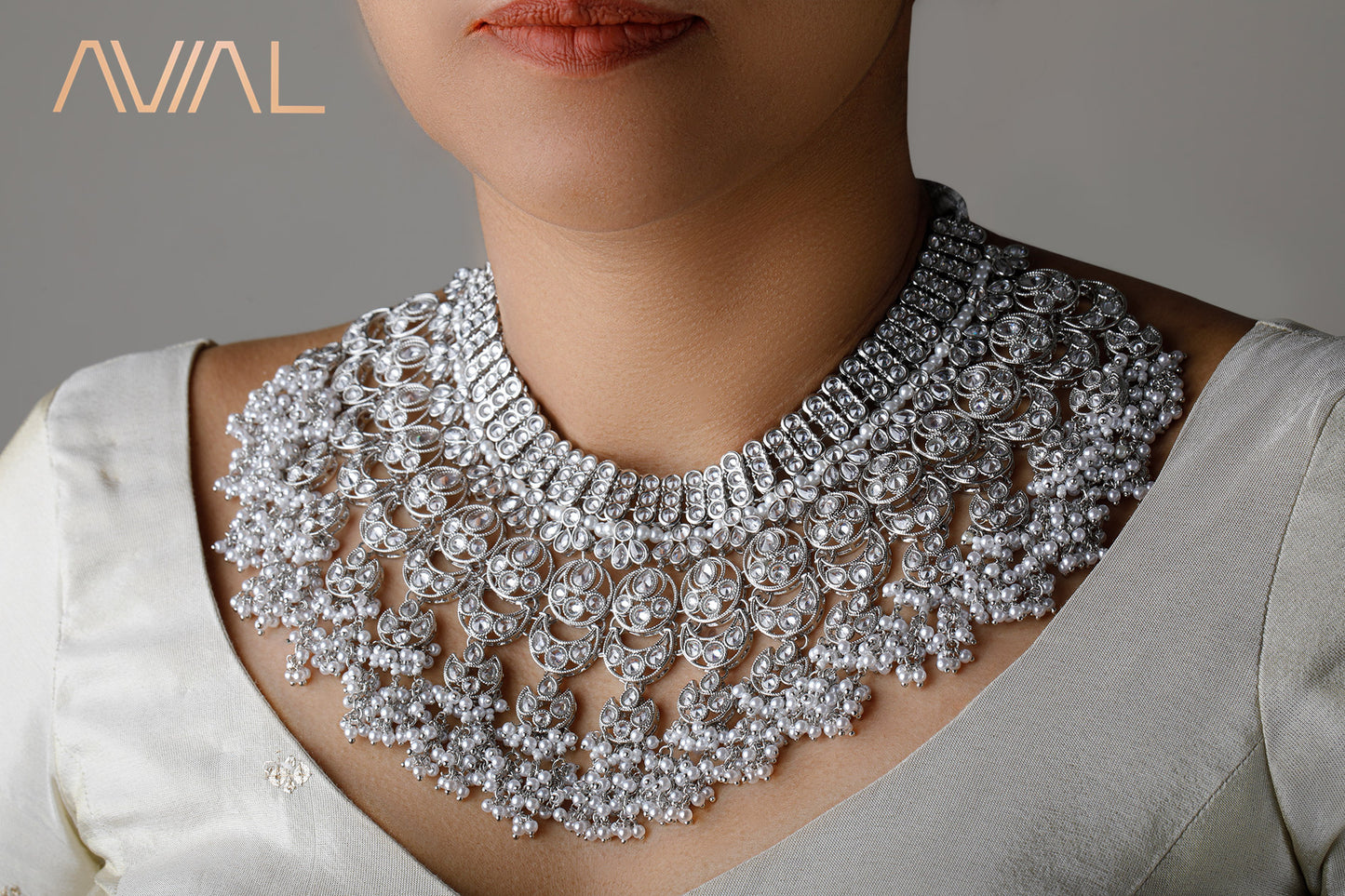 Indian Bridal Jewelry Set | Silver-Plated Pearl Necklace, Earrings, Maang Tikka & Nath | Asian Wedding Jewellery UK