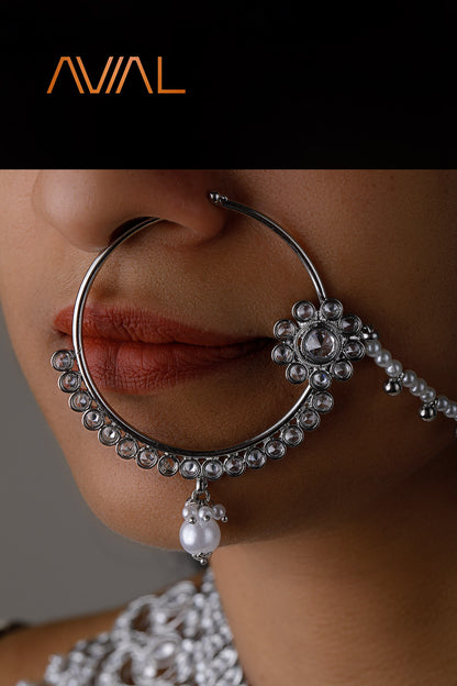 Indian Bridal Jewelry Set | Silver-Plated Pearl Necklace, Earrings, Maang Tikka & Nath | Asian Wedding Jewellery UK