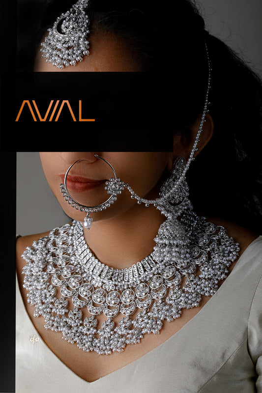 Indian Bridal Jewelry Set | Silver-Plated Pearl Necklace, Earrings, Maang Tikka & Nath | Asian Wedding Jewellery UK