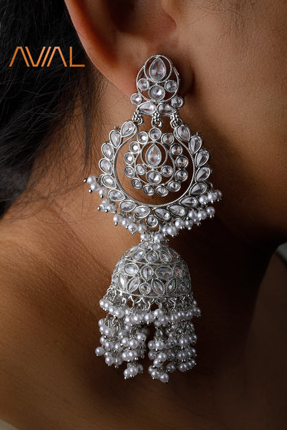 Indian Bridal Jewelry Set | Silver-Plated Pearl Necklace, Earrings, Maang Tikka & Nath | Asian Wedding Jewellery UK