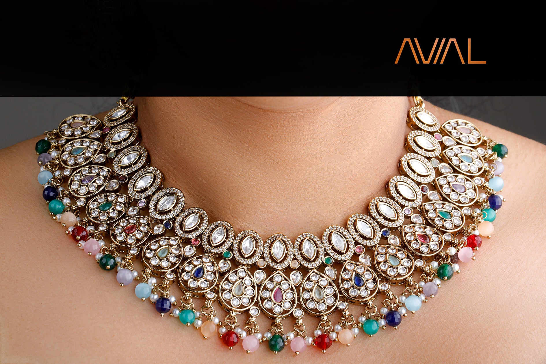Handcrafted Indian bridal jewellery with multicolour gemstone beads and Kundan work – AVIAL UK necklace
